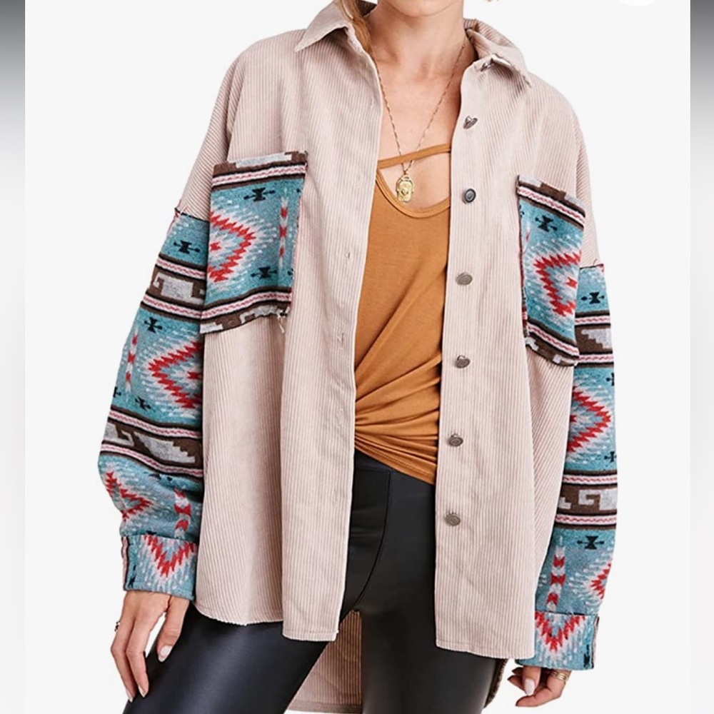 Corduroy and tribal print shacket